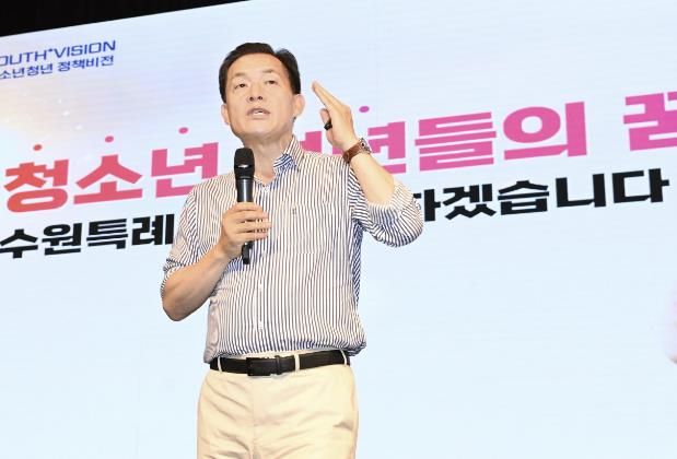 지난해 7월 수원시청소년청년재단 비전 선포식에서 이재준 수원특례시장이 수원시 청소년청년 정책을 발표하고 있다.