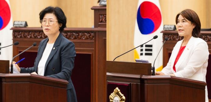 안산시의회가 10일 제298회 임시회 제2차 본회의를 개최해 시정질문과 5분 자유발언을 실시했다. 사진 왼쪽이 이날 시정질문을 실시한 박은경 의원, 오른쪽은 5분 자유발언을 진행한 김유숙 의원의 모습.