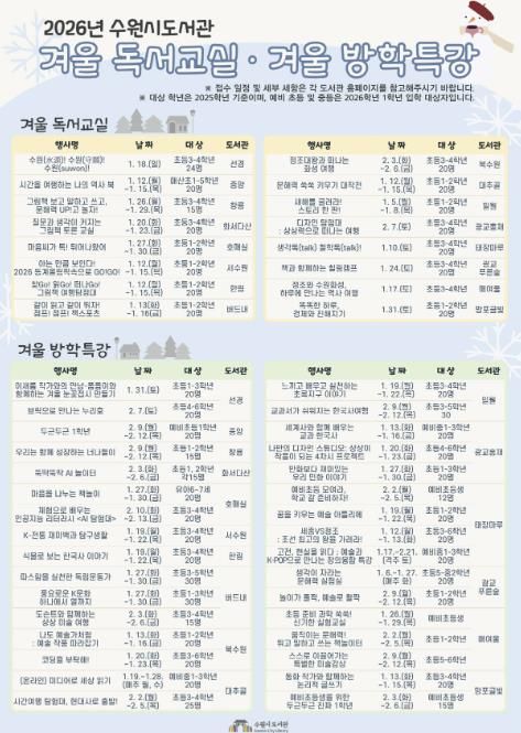 수원시도서관 2026년 겨울방학 독서문화프로그램 홍보물