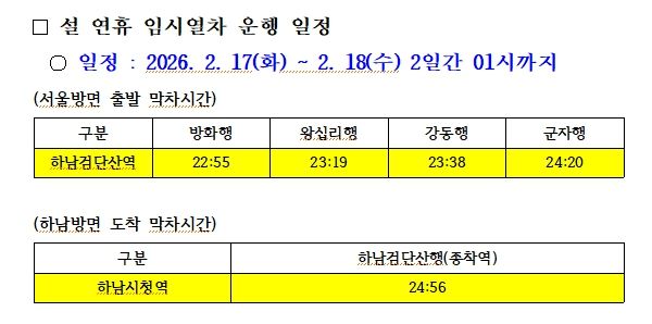 설 연휴 5호선 연장운행 시각표